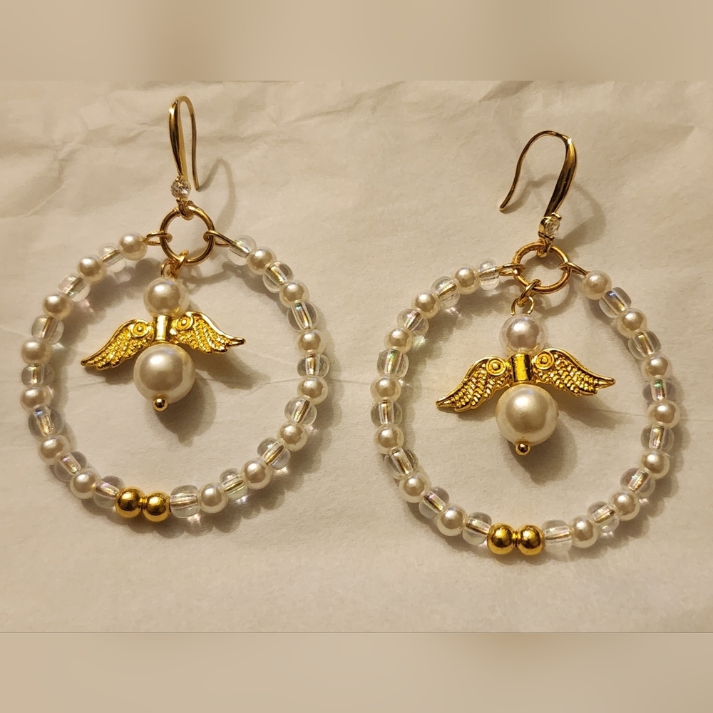 Handcrafted Gold Angel Wing Pearl Hoop Earrings - White Pearls